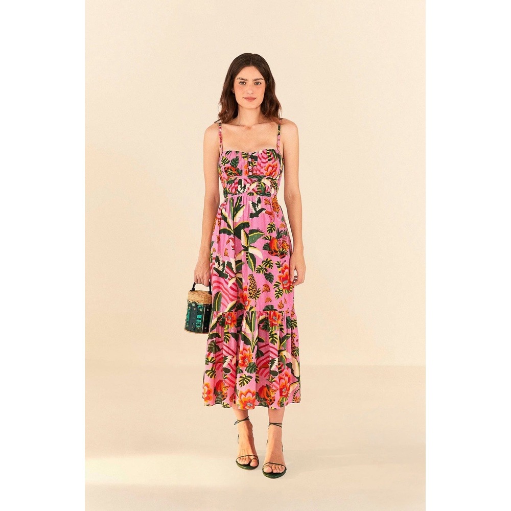 FARM RIO Pink Leopard Forest Midi Dress 100% Cotton Pink Tropical Backless S